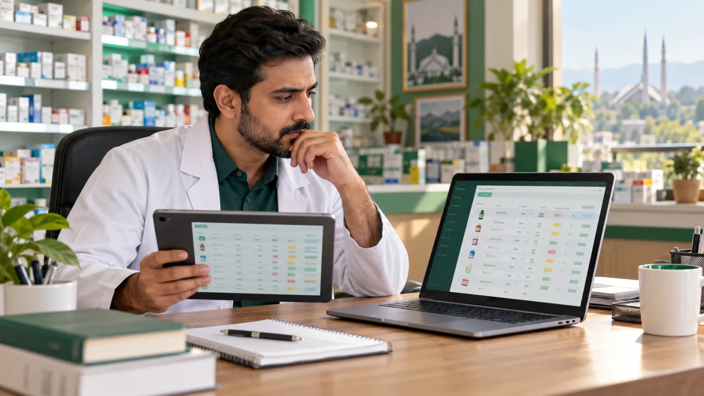 Pharmacy owner comparing software on a laptop and tablet