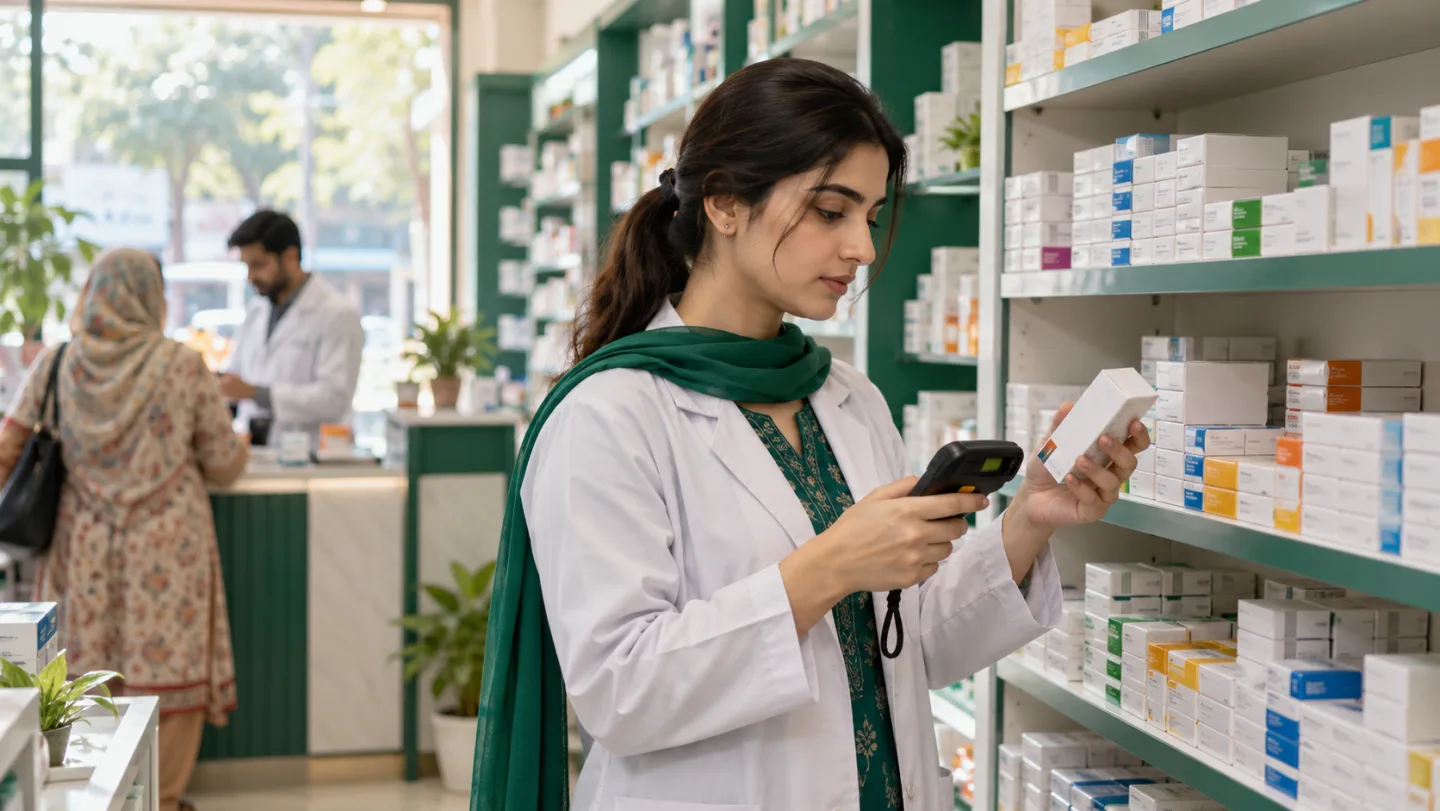 Pharmacist checking batch and expiry details on medicine shelves