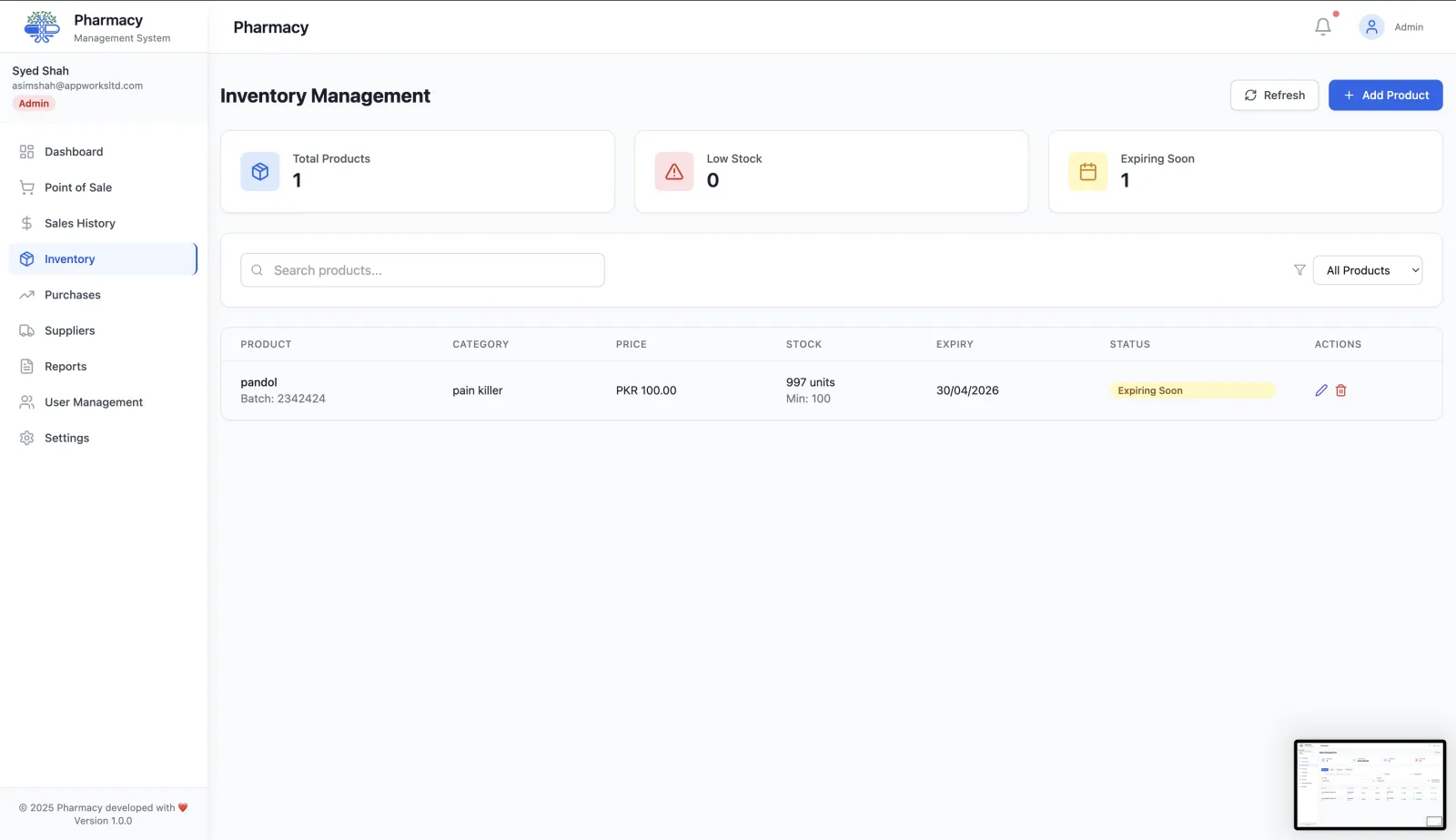 RunMyPharmacy inventory management dashboard